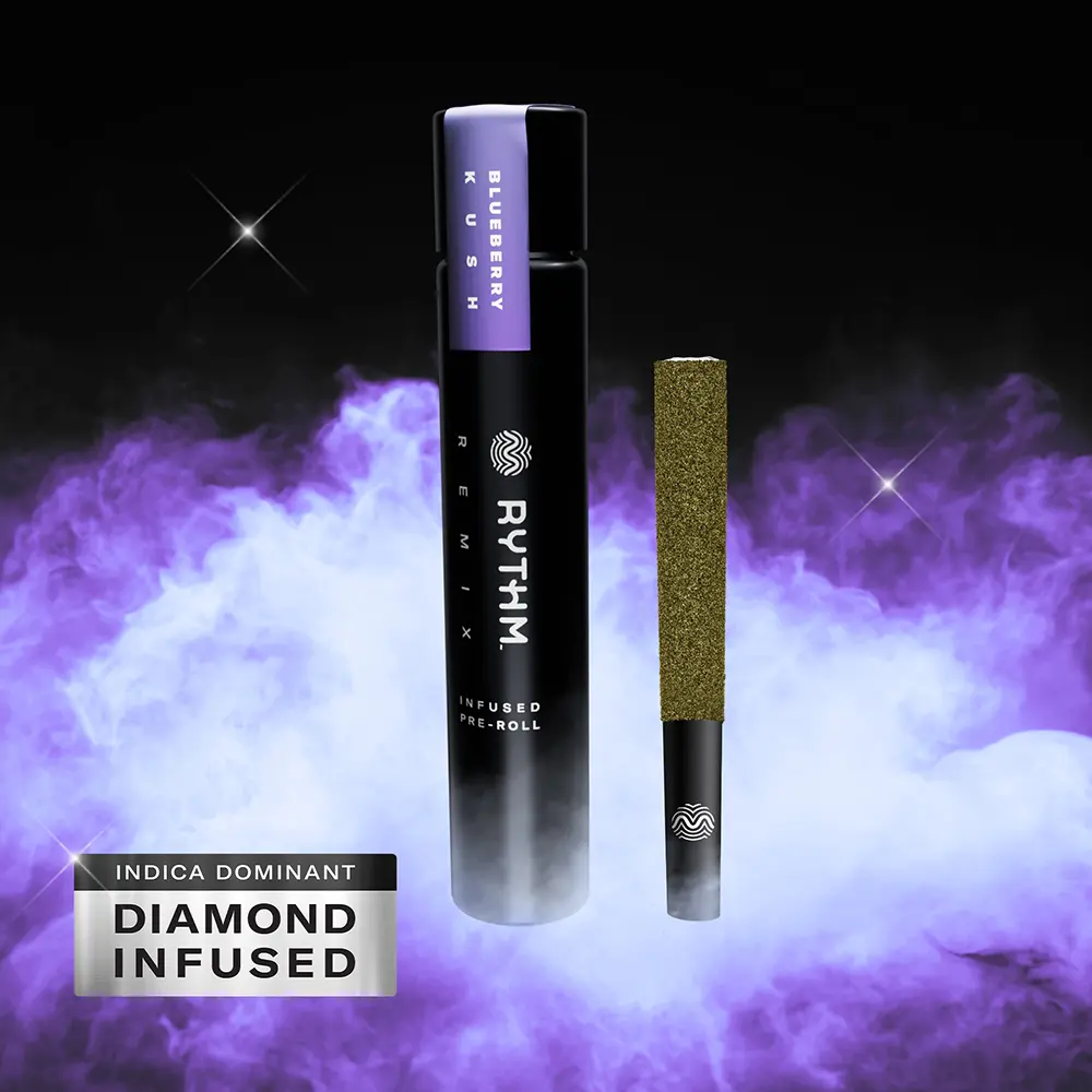 download (7) rythm blueberry kush remix infused pre roll 1g indica 52% THC kief coated